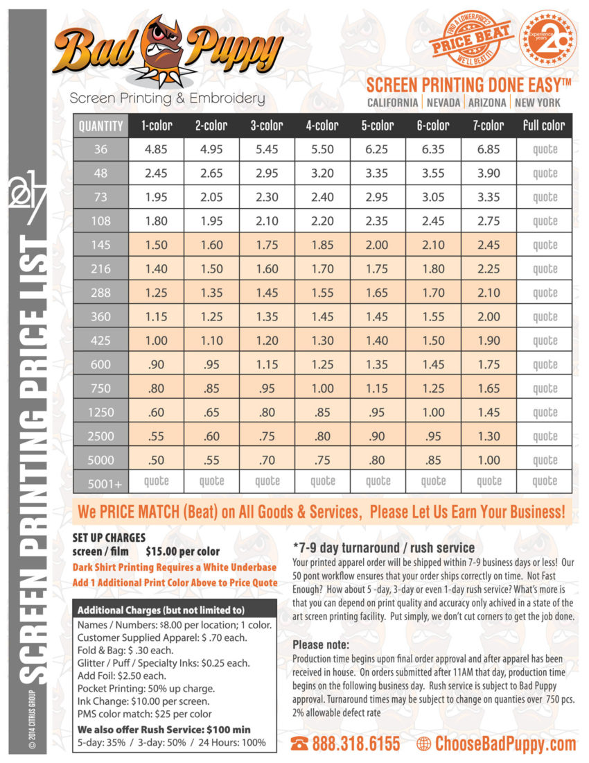 Screen Printing Pricing Chart